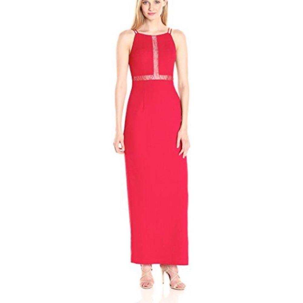 Aidan by Aidan Mattox Women's Long Crepe Gown with Lace Illusion Detail, Red